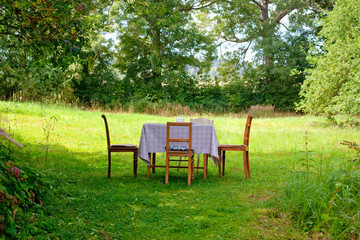 Picnic table and chairs in the garden.