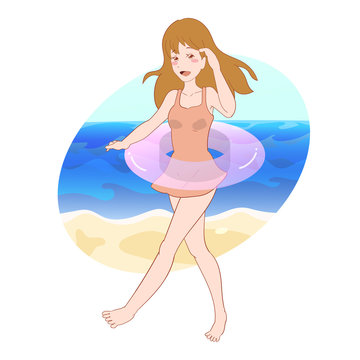 vector illustration of a cute girl holding swimming ring on beach background