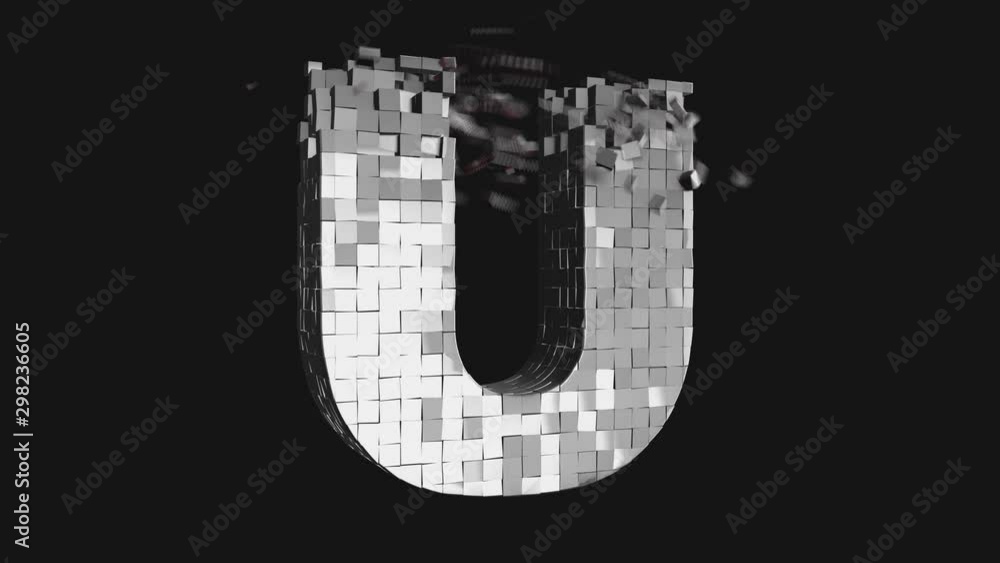Poster transformer font - build and destroy letter u from metallic cubes, 3d letter animation on dark and c