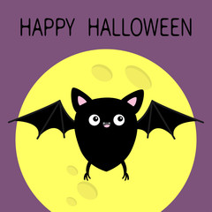 Happy Halloween. Cute black bat flying silhouette icon. Yellow moon. Cartoon kawaii funny baby character with wing, eyes, ears, legs. Forest animal. Flat design. Violet background. Greeting card