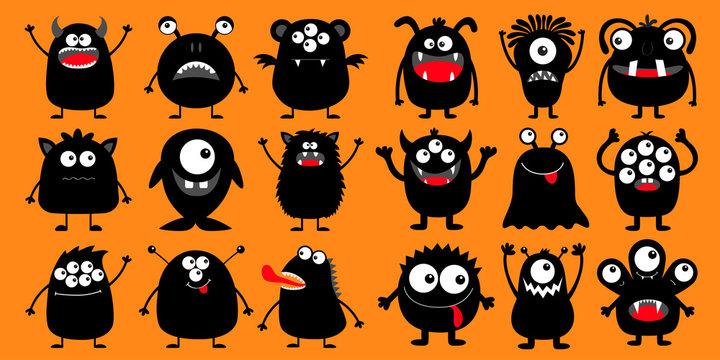 Happy Halloween. Monster black silhouette super big icon set. Eyes, tongue, tooth fang, hands up. Cute cartoon kawaii scary funny baby character. Orange background. Flat design.