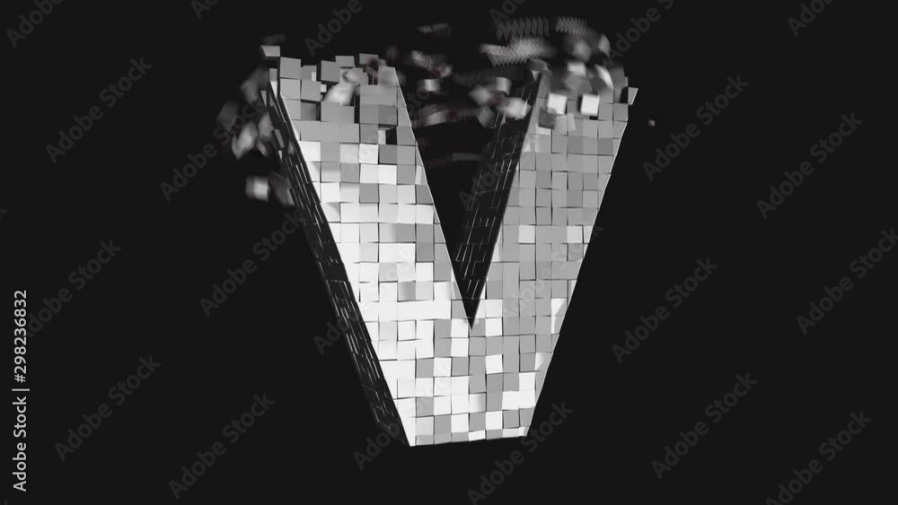 Poster transformer font - build and destroy letter v from metallic cubes, 3d letter animation on dark and c