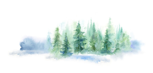 Fototapeta na wymiar Green horizontal landscape of foggy forest, winter hill. Wild nature, frozen, misty, taiga. watercolor background