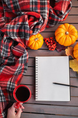 Planning to do list. Autumn mood composition on a wooden table. Young european girl with red manicure on nails holds in hands red cup on Belted plaid background, warming drink. Cozy atmosphere