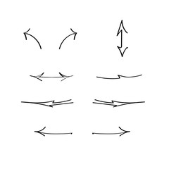 Art line black hand drawn vektor arrow and pointer set on white background for web, poster, banner, flyer and presentation. Vector handmade curved arrows and pointer left, right, up and down. EPS 10.