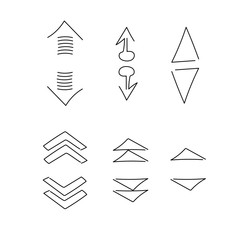 Art line black hand drawn vektor arrow and pointer set on white background for web, poster, banner, flyer and presentation. Vector handmade curved arrows and pointer left, right, up and down. EPS 10.