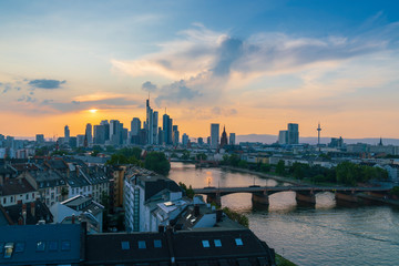 Aerial view of Frankfurt am Main skyline at sunset
