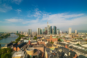 Aerial view of Frankfurt skyline and River Main