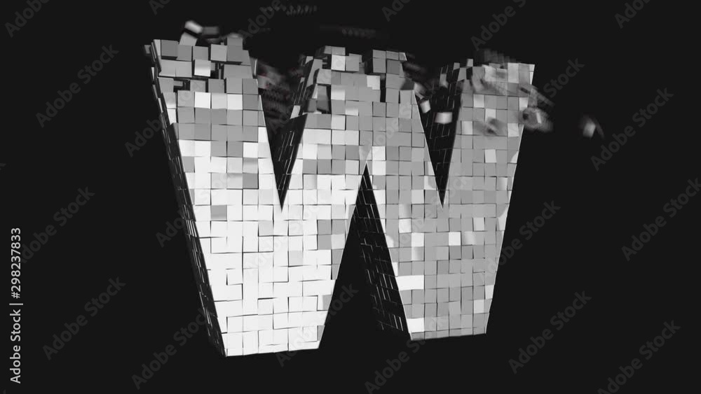 Poster transformer font - build and destroy letter w from metallic cubes, 3d letter animation on dark and c