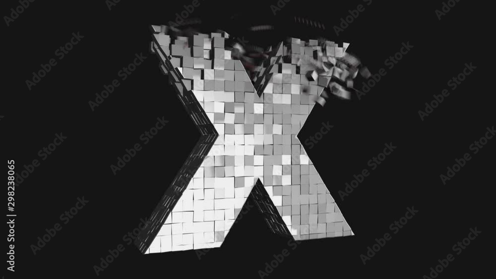 Poster transformer font - build and destroy letter x from metallic cubes, 3d letter animation on dark and c