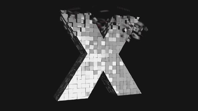 Transformer font - Build and destroy letter X from metallic cubes, 3D letter animation on dark and chroma key green screen background in 4K