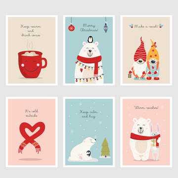 Set of Christmas and New Year hand drawn greeting cards