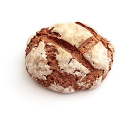 Freshly baked, handmade rural rye bread, isolated on white background.