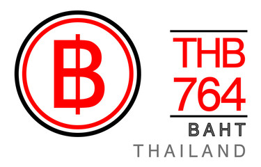 B, THB, 764, Baht, Thailand Banking Currency icon typography logo banner set isolated on background. Abstract concept graphic element. Collection of currency symbols ISO 4217 signs used in country