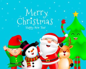 Funny Christmas Characters design on snow background, Santa Claus, Snowman, Reindeer, Elf and Christmas tree. Merry Christmas and Happy new year concept. Illustration isolated on blue background.