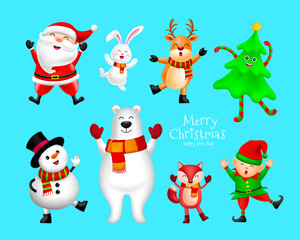Set of Christmas Characters design, Santa Claus, Snowman, Reindeer, Elf, fox, Polar bear, rabbit and Christmas tree. Merry Christmas and Happy new year concept. Illustration.
