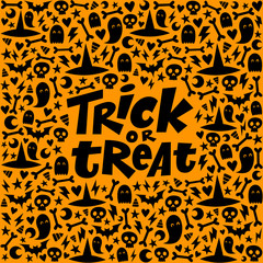 Trick or treat Halloween lettering on adorable bright and colorful background. Pumpkin, witch hat, bones, ghost and moon autumn vector pattern. Orange and black ornament.