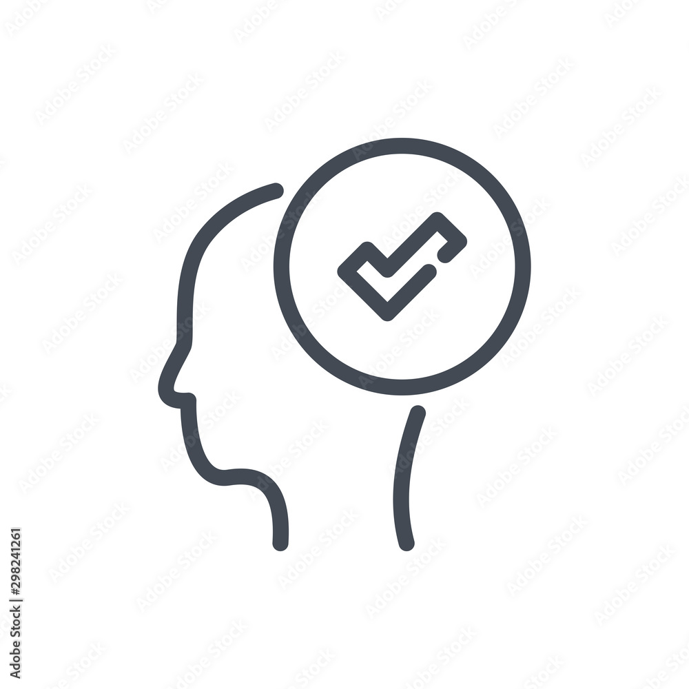 Poster head with checkmark line icon. pick a person vector outline sign.