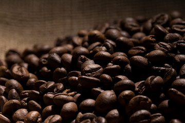 Roasted coffee beans background.  Space for text. 