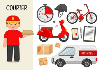 Vector character courier. Illustrations of courier equipment. Set of cartoon professions.