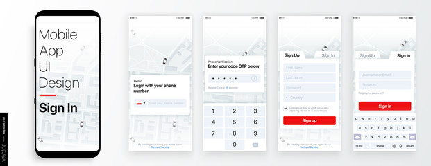 Design of the Mobile Application UI, UX. Set of GUI Screens with Login and Password input, Sign In and Sign Up © GraphicPapa