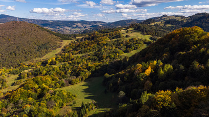 Beautiful Autumnal Foliage in Woodlands in Pieniny Mountains. Drone View