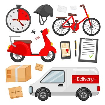 Delivery service vector set. Set of icons truck, moped, bike and more. Vector cartoon illustration.
