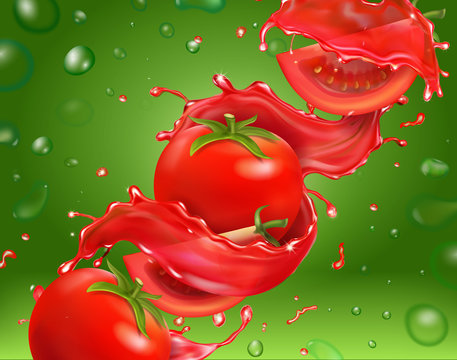 Tomato vegetables in red splash of juice. 3d realistic vector