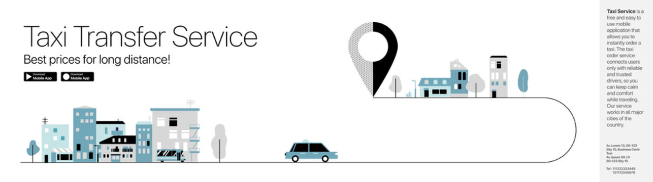 Taxi Transfer Service. Minimalistic vector illustration in monochrome tones in a flat style. Banner, advertising sign, poster, web banner.
