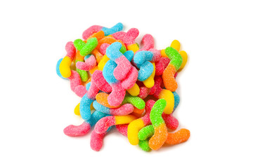 Juicy colorful jelly sweets isolated on white. Gummy candies. Snakes.