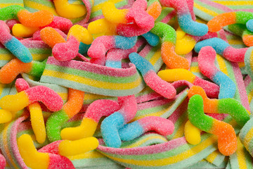 Assorted gummy candies. Top view. Jelly  sweets.