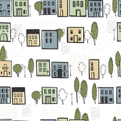 Hand drawn cute  houses.  Vector  seamless pattern.