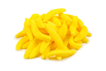 Juicy colorful jelly banana sweets isolated on white. Gummy candies.