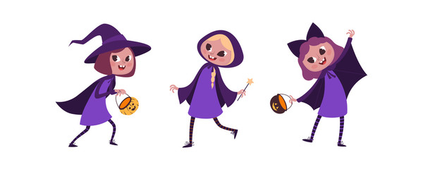 Happy Halloween, girls in a white background. Cute cartoon girls. Halloween costume party. Halloween costume party vector illustration