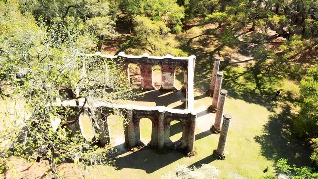 Old Sheldon Church near Beaufort, South Carolina. Aerial view with forest trees