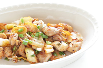 Korean food, chicken and kimchi stir fried with leek