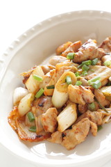 Korean food, chicken and kimchi stir fried with leek