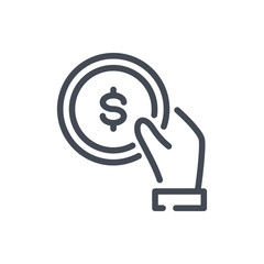 Saving dollar line icon. Hand with gold coin vector outline sign.