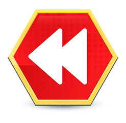 Jump backward icon abstract red hexagon button bright yellow frame elegant design