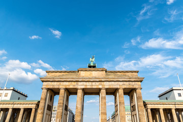 Low angle view of the Brandenburg Gate in Berlin at evening