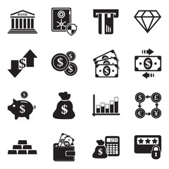 Bank Icons. Black Flat Design. Vector Illustration.
