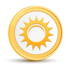 Sun icon gold round button golden coin shiny frame luxury concept abstract illustration isolated on white background