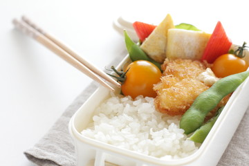 Japanese food, edamame soy bean and cutlet with tomato lunch box
