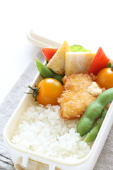 Japanese food, edamame soy bean and cutlet with tomato lunch box