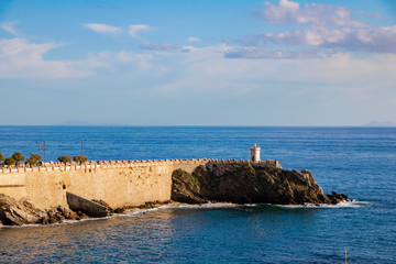 Piazza Bovio in Piombino, Livorno. the largest, sea-facing clearing in Europe. Romantic place, clear blue waters of Ligurian sea