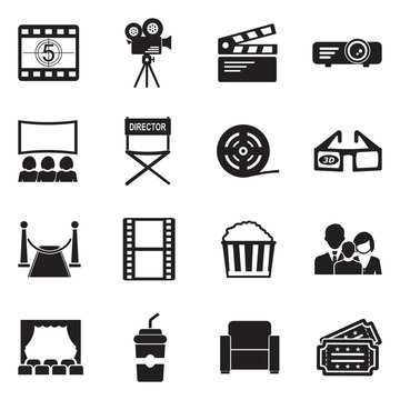 Cinema Icons. Set 2. Black Flat Design. Vector Illustration.