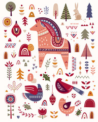 Christmas decorative illustration with bird and little horse. Scandinavian folk style.