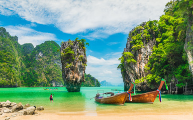 Amazed nature scenic landscape James bond island with boat for traveler Phang-Nga bay, Attraction famous landmark tourist travel Phuket Thailand summer vacation trips, Tourism destinations place Asia