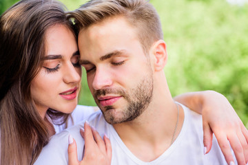 One and only. couple relax outdoor. Tender feeling. girl with guy in park. Beauty and fashion. happy valentines day. summer vibes. family weekend. romantic date. couple in love. Skin and hair care