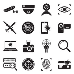 Surveillance Icons. Black Flat Design. Vector Illustration.